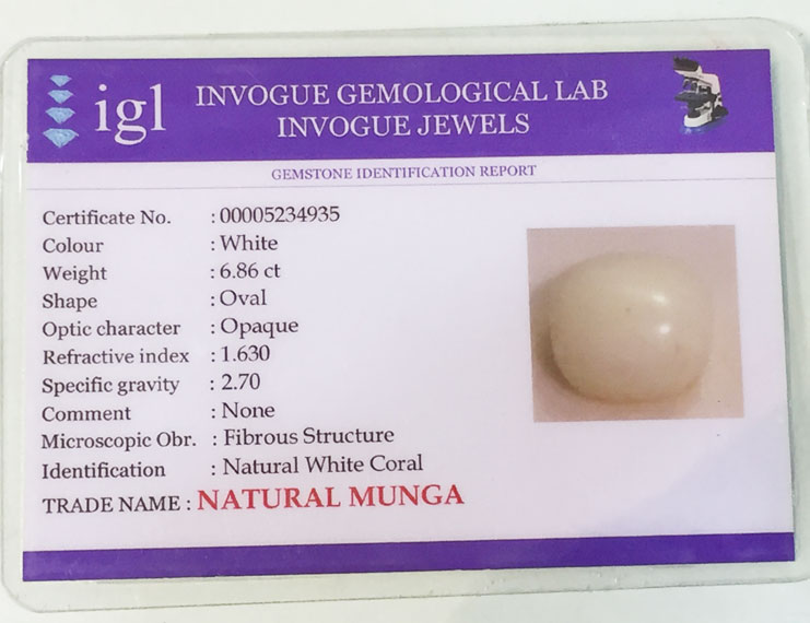 7.62 ratti/6.86 ct Natural Certified  White Coral/सफ़ेद मूंगा